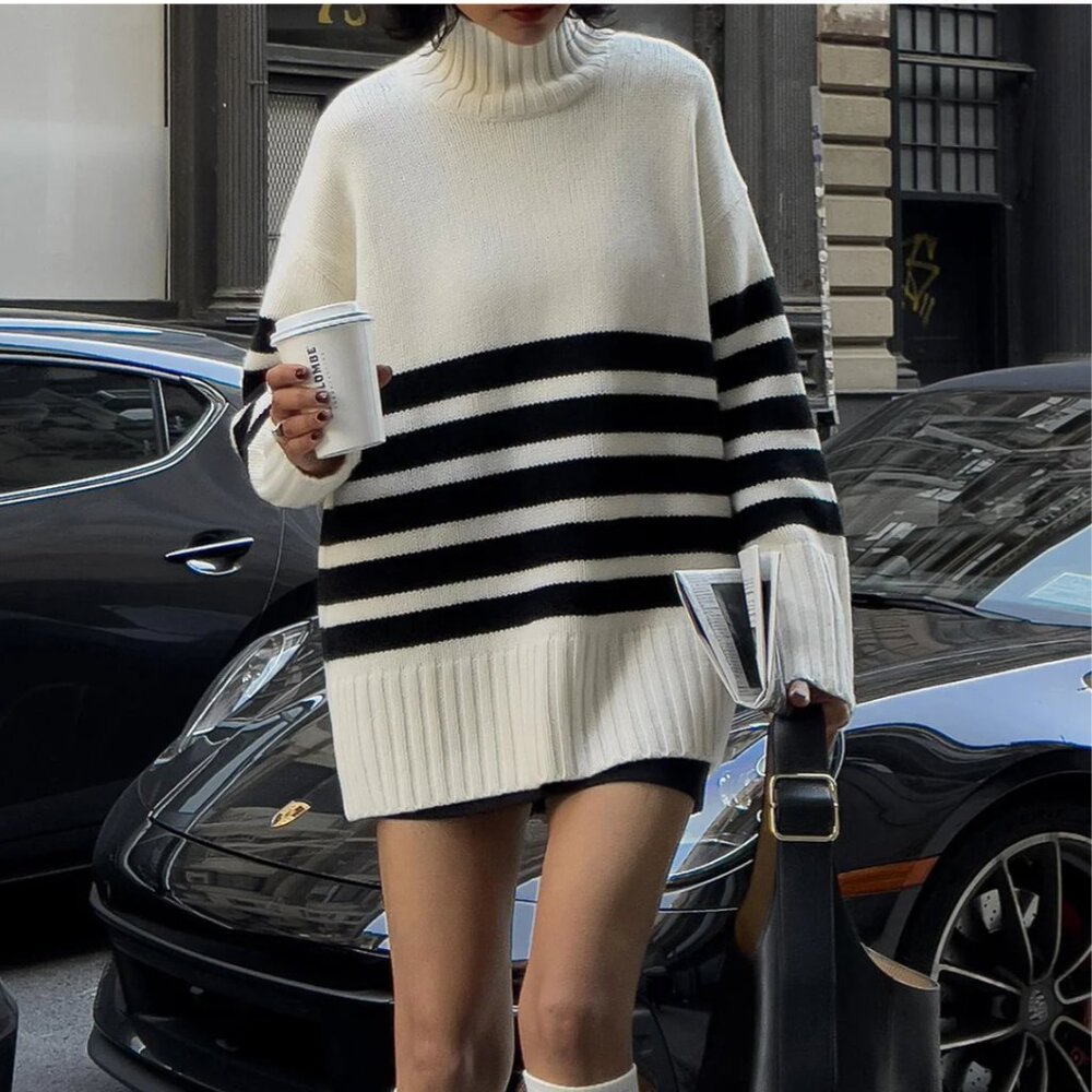 BRAND NEW Commense Miss Paris Mock Neck Stripe Sweater, Size S